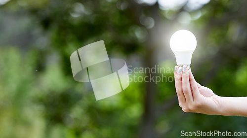 Image of Nature, hand and lightbulb for solar energy, idea or sustainability with lighting. Creative, innovation and person with bulb for eco friendly electricity, green solution or inspiration with mockup