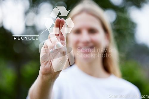 Image of Recycle, touch screen and woman with eco friendly overlay, green technology or hologram for sustainability. Sustainable, digital and climate change icon, sign and graphic with volunteer hand in park