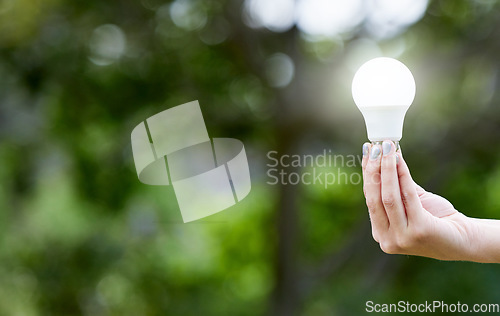 Image of Nature, hand and lightbulb for knowledge, energy or sustainability with solar power. Creative, innovation and person with bulb for eco friendly electricity, green solution or inspiration with mockup