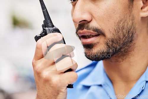 Image of Walkie talkie, man and security guard for police service, backup support and safety. Closeup mouth of legal officer, bodyguard and radio communication for crime investigation to monitor surveillance