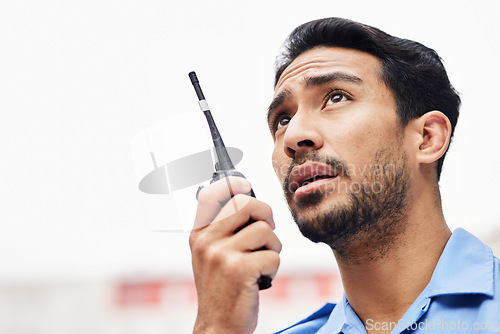 Image of Walkie talkie, man and face of security guard for safety, backup support and mockup space. Asian police officer, bodyguard and radio communication of crime investigation to monitor city surveillance