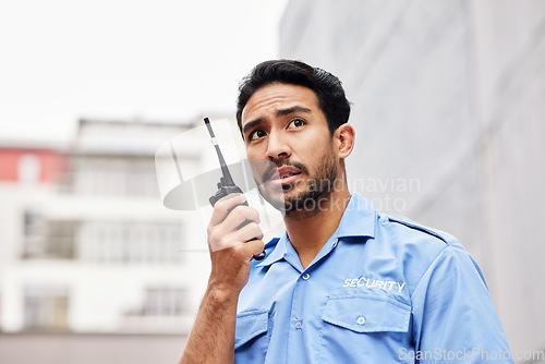 Image of Walkie talkie, man and asian security guard for safety, city watch or call backup for help. Police officer, bodyguard and cop contact on radio communication, crime investigation or urban surveillance