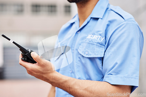 Image of Walkie talkie, man and hands of security guard for safety, justice and call backup in city. Closeup of police officer, bodyguard and contact on radio communication, crime watch and urban surveillance