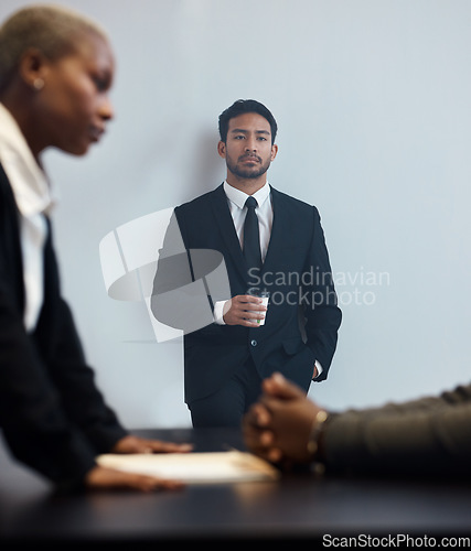 Image of Justice, detective and crime with people in interrogation room for law, security and interview questions. Legal, conversation and police with criminal and investigator for information, jail or arrest