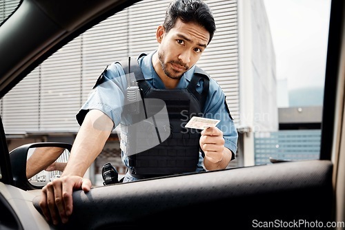 Image of Car, drivers license or police officer in city to check info for law enforcement, protection or street safety. Cop portrait, traffic stop or security guard on patrol in a town for crime or justice