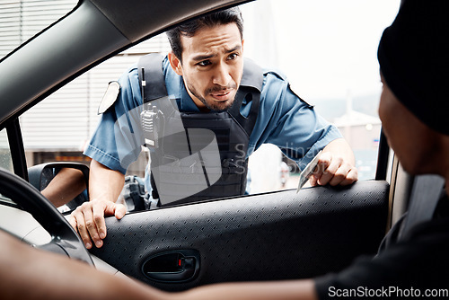 Image of Talking, drivers license or policeman in city to check info for law enforcement, protection or street safety. Questions, traffic stop or Asian cop on security patrol for road block or crime justice