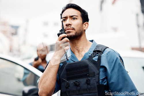 Image of Asian man, police and walkie talkie for backup in city communication, reinforcement or emergency. African female person, security guard or cop radio calling team for crime in street of an urban town