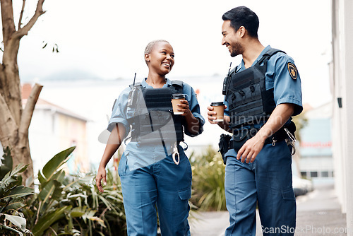 Image of Police, conversation and team on a coffee break after investigation, walking and patrol for law protection in city. Criminal, happy and legal service guard or security smile for justice enforcement