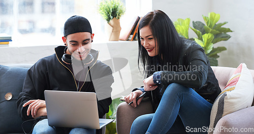 Image of Laptop, education and student friends in the breakroom of a university campus for a study assignment. Technology, research or information with a man and woman pupil at college together for learning