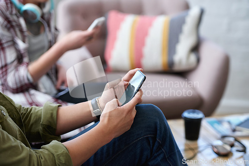 Image of Hands, smartphone and typing on chat in social media with communication, technology and contact. Scroll the internet, search and mobile app with person using phone, connectivity and streaming network