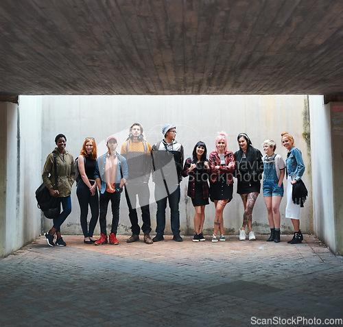 Image of Group portrait, diversity or teenager with friends together in gen z, fashion or urban style for city, town or basement. People, community or teen student in casual streetwear for the weekend