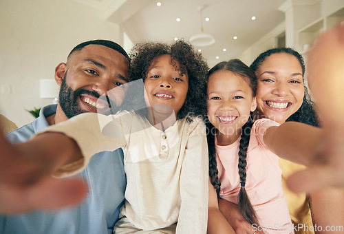 Image of Family, selfie and children with parents in portrait for social media, memory and bond together at home. Happy, excited and kids or girl with mother and father in profile picture and face photography