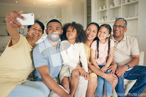 Image of Family selfie, grandparents and children on sofa with social media or online memory for bond, love and happy home. Senior mom, dad and biracial kids in living room for photography or profile picture