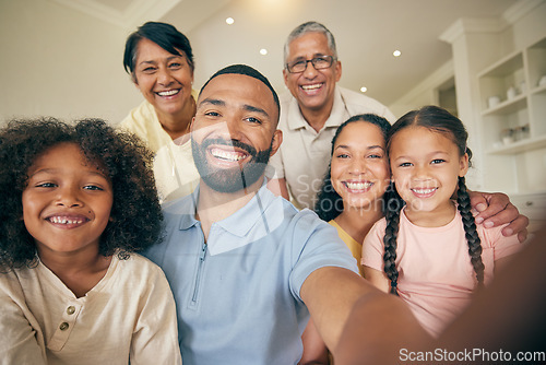 Image of Happy, portrait of big family and selfie in home, bonding together and love. Face, profile picture and kids, grandparents and mother, father and children smile taking photo for memory on social media