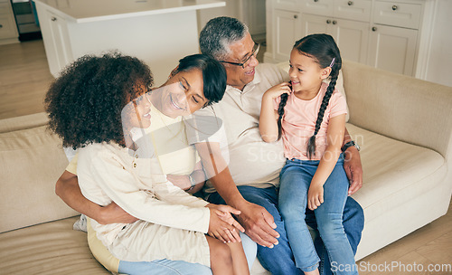 Image of Grandparents, kids and family on sofa in home for love, care and fun quality time together. Grandmother, grandfather and happy young children relax on couch for bond, support and smile in living room