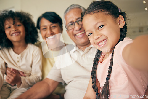 Image of Portrait of grandparents, happy children and selfie in home, bonding together and love. Face, profile picture and kids with grandmother and grandfather taking photo for family memory on social media