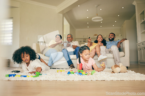 Image of Big family, toys and playing children with parents and grandparents in lounge at home together for creative fun. Living room, happy and development of kids on carpet floor with games by mom and dad