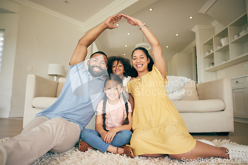 Image of Roof hands, home family portrait and smile for safety security, real estate investment and house insurance cover. Love, mortgage and relax mom, dad and kids happiness for homeowner housing protection