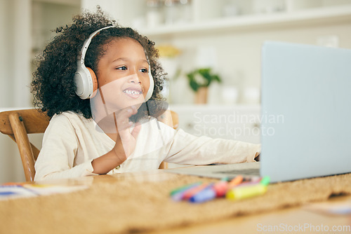 Image of Wave, elearning or child with laptop for education, remote learning or knowledge in online class at home. Smile, kid or happy kindergarten student ready for assessment test or studying on video call