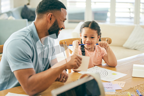 Image of Happy, education and a father and child with homework, teaching and help with studying in a house. Smile, support and a dad with paper for a reading girl, learning language doing a project for school