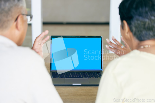 Image of Couple, video call and mockup space on laptop for voip communication, digital connection or chat from the back. Man, woman and wave hello on computer screen for conversation, online contact or webcam