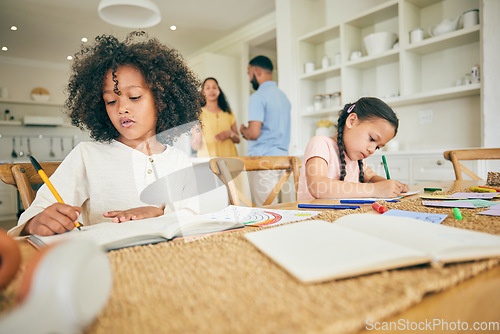 Image of Siblings, homework or children students in house writing or drawing in kindergarten school notebook. Girls, family or kids learning or studying creative art project, education or child development