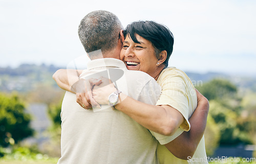 Image of Senior woman, hug and couple together in nature with happiness, love and care for husband or partner in garden. Happy, smile on face and people in retirement park, marriage and support in embrace