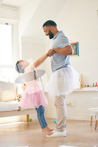 Image of Ballet dance, father and happy kid play pretend game, learning routine steps and enjoy home fun, support and bond. Holding hands, Halloween fantasy costume and ballerina child and family dad playing