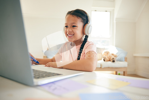 Image of Laptop, homeschooling and girl student on a video call in a class doing homework in her bedroom at house. Education, technology and kid or child on virtual online lesson for elearning on a computer.