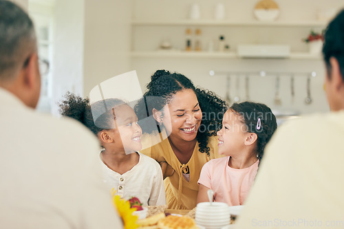 Image of Birthday, mother and children at table for lunch, dinner and meal together for celebration at home. Family, party and happy mother with kids with cake, surprise and food for gathering and event