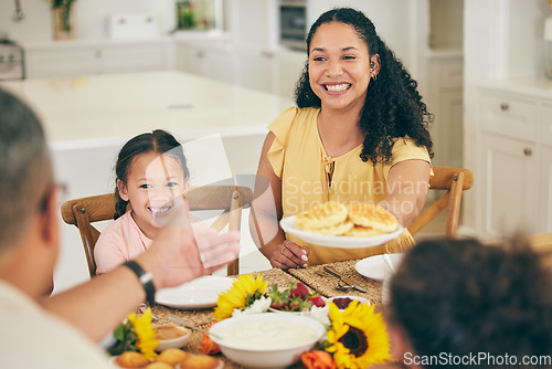 Image of Grandparents, mother and children with food for breakfast, brunch and meal together in morning at home. Family, happy and grandpa, grandmother and kids with waffles for eating, gathering and holiday