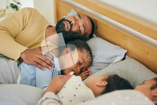 Image of Sleeping, comfort and family in bed relax, resting and dreaming in their home together. Peaceful, sleep and parents embrace children in bedroom for nap, relaxation or cozy, love and sweet on weekend