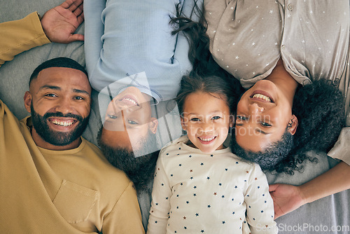 Image of Happy family, bed and portrait of children relax or happy with parents together in the morning in a bedroom. Smile, dad and mom enjoy quality time with kids or girls with happiness, care and love