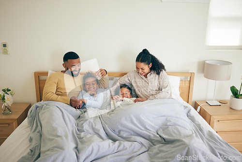 Image of Morning, relax and family with children on bed for bonding with happiness on weekend with care. Love, parents and kid together in bedroom for rest with girls or love for quality time with youth.