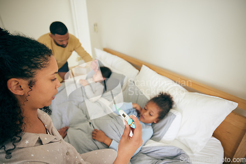 Image of Bed, thermometer check and children sick from cold virus, fever or disease with worried mother helping, aid or family support. Home bedroom, parents stress or mom reading temperature test of ill kids