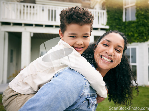 Image of Mother, son and piggyback, portrait outdoor with love and bonding, relax on lawn at holiday home, fun and happiness. Playful, smile and trust, woman and boy in garden with hug on vacation and nature