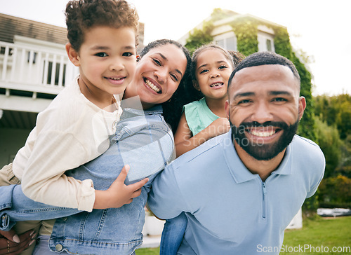 Image of Family, hug and children in garden or portrait in new home for summer with smile in sunshine. Love, parent and kid in backyard with real estate in outdoor for bonding with fun or playing together.