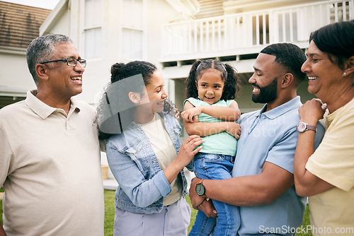 Image of Happy people, grandparents and parents with kid outdoor, family and bonding at holiday home. Love, care and smile, men and women with young girl on lawn of house, summer vacation and relax in garden