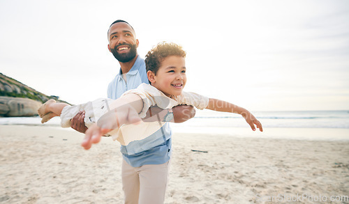 Image of Love, airplane and father with child at the beach with freedom, smile and bonding in nature together. Happy, flying and parent with boy kid at the sea for fun, games and freedom, holiday or trip