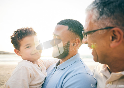 Image of Happy, portrait and family at the beach in the morning for walking, travel or holiday in Spain. Smile, sunshine and father, child and grandfather at the sea for a vacation, care and time at the ocean