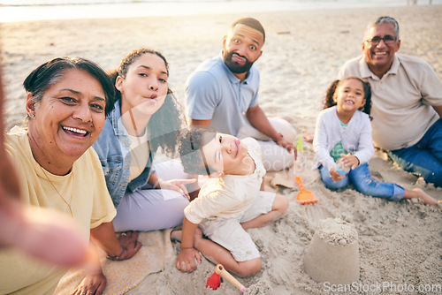 Image of Selfie, beach sand and family portrait with children and grandparents for holiday, Mexico vacation and games. Play, castle and happy grandmother photography of mom, dad and children outdoor by ocean