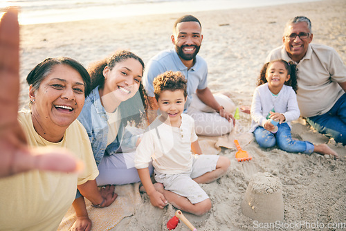 Image of Family, beach selfie and children, grandparents and portrait in sand for holiday, Mexico vacation or games. Play, castle and happy grandmother in profile picture of mom, dad and kids outdoor by ocean