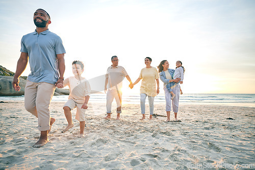 Image of Family, generations and holding hands on the beach, travel and tropical vacation with solidarity and support. People outdoor, grandparents and parents with young kids, adventure and smile in nature