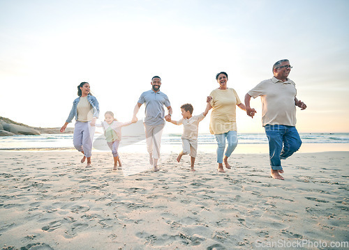Image of Trust, family and walking with holding hands on beach with freedom with care on vacation with sunshine. Love, children and generations or parents at ocean together for travel with bonding in summer.