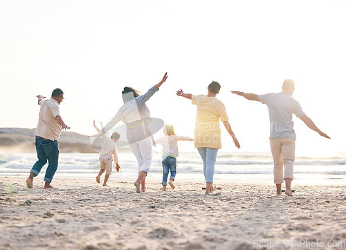 Image of Airplane, big family and playing at the beach with freedom, fun and bonding with nature rear view. Back, love and children flying with parents and grandparents at the sea for games, holiday or trip