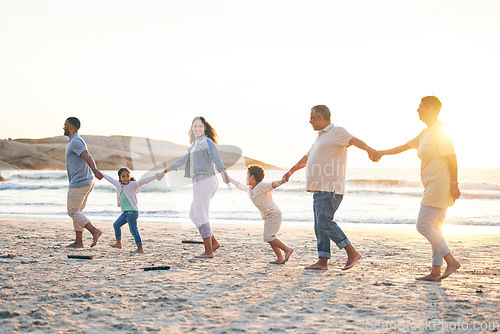 Image of Love, family walking and holding hands on beach in summer for vacation with sunshine or sea. Holiday, generations and kid or parents together at ocean for travel with trust for bonding with freedom.