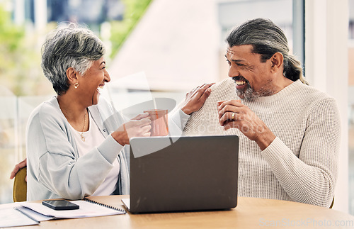 Image of Old couple, laptop and laughing with retirement and coffee, manage finance paperwork and funny together at home. People do taxes online, pension policy documents and budget, woman and man with comedy