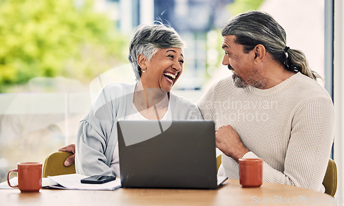 Image of Senior couple, laptop and laughing with retirement paperwork, manage finance and funny together at home. People do taxes online, pension policy documents and budget, happy woman and man with comedy