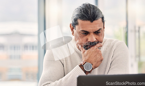 Image of Thinking, laptop and man for work from home, retirement plan and asset management or financial decision. Finance, debt review and senior person with ideas, solution or stress for pension on computer