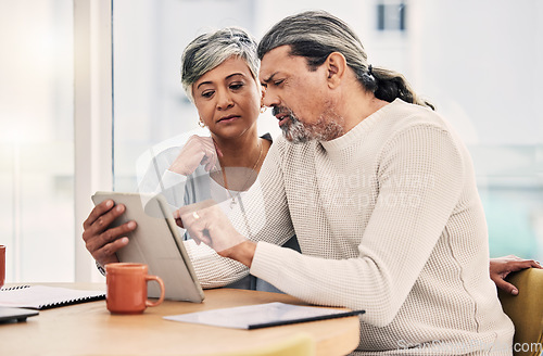 Image of Tablet, finance and senior couple planning, pension documents and retirement funding or loan at home. Search, life insurance and debt or asset management of elderly woman and man with digital tech